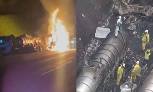 Carreta vazia bate em outra com 51 t de soda cáustica e fogo fecha o Rodoanel